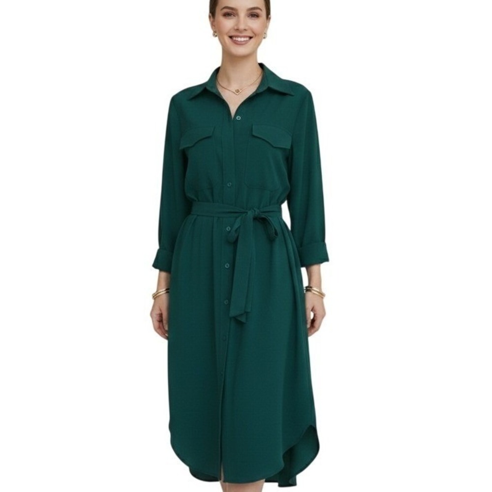 MP Massimo Piombo Midi Shirtdress Forest Green Button Front Belt XL NWT $110